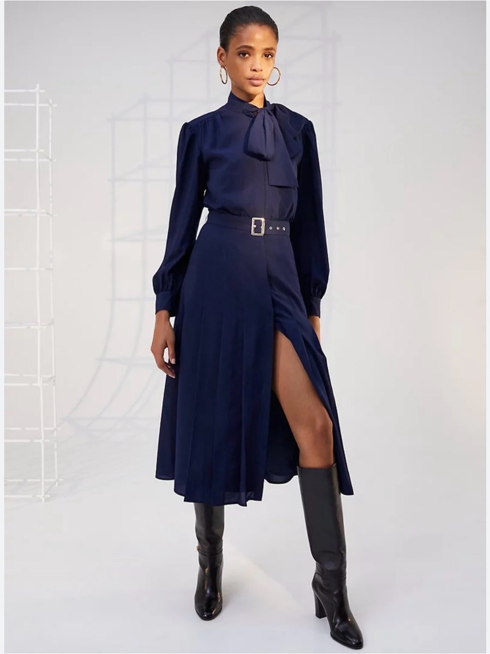NWOT 1-01 Babaton Guell Navy BowTie Belted Midi Dress Sz-10 Polished RegencyCore